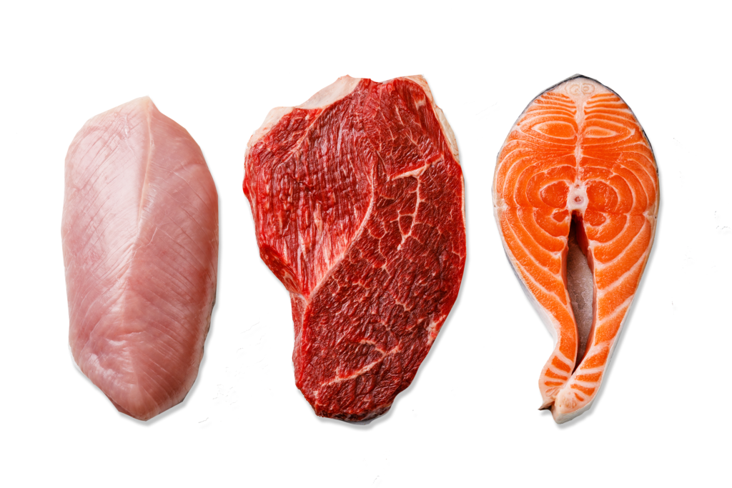 Raw chicken, beef and salmon